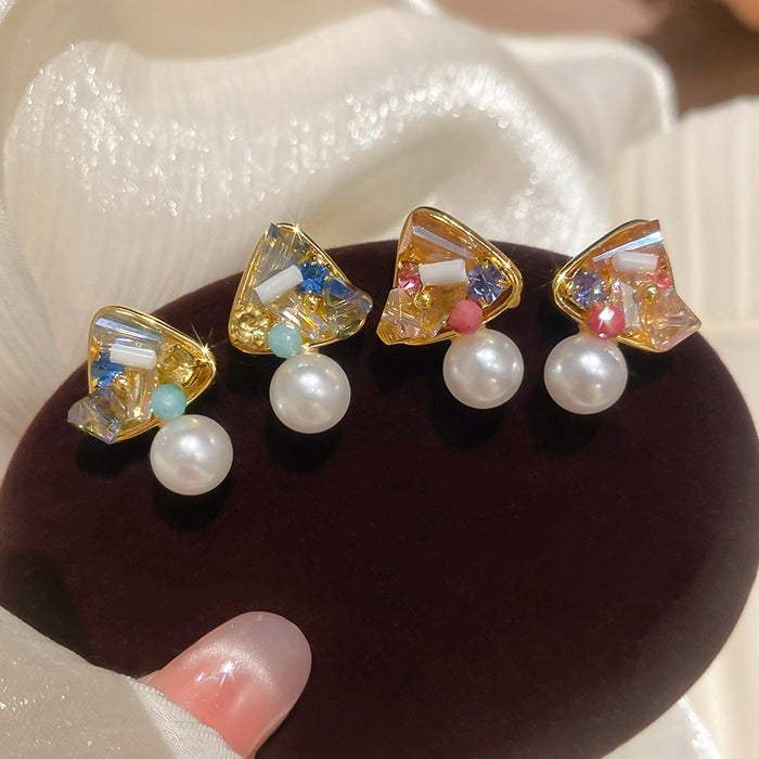 18K Gold Plated Copper Crystal Pearl Triangle Stud Earrings With Silver Pins, Elegant French Style