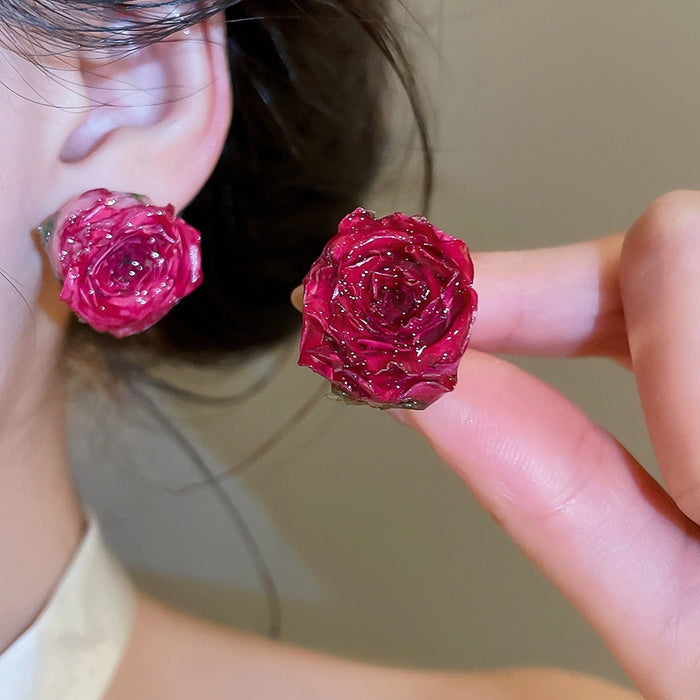 Silver Post Resin Preserved Rose Flower Stud Earrings Sweet Elegant Light Luxury Jewelry