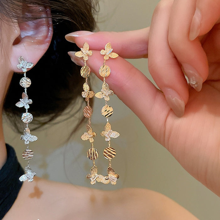 Copper Zircon Butterfly Tassel Drop Earrings With Silver Posts, Elegant Minimalist Fashion Jewelry