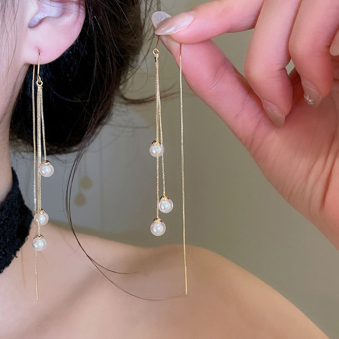 18K Gold Plated Silver Needle Faux Pearl Tassel Threader Earrings For Women Minimalist Geometric OL Style
