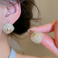 18K Gold Plated Silver Pin Zircon Rhombus Faux Pearl Stud Earrings For Women view 1