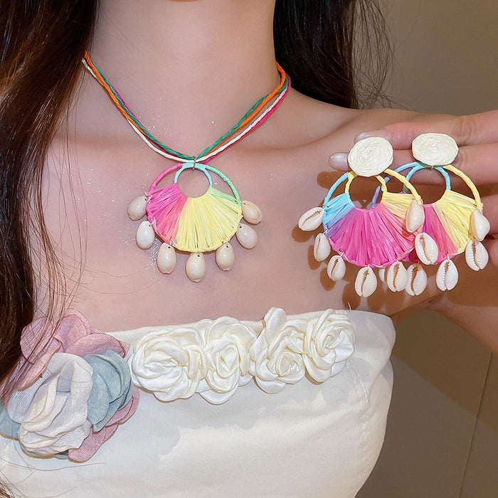 Vacation Style Raffia Shell Stud Earrings Necklace Jewelry Set With Round Beach Design