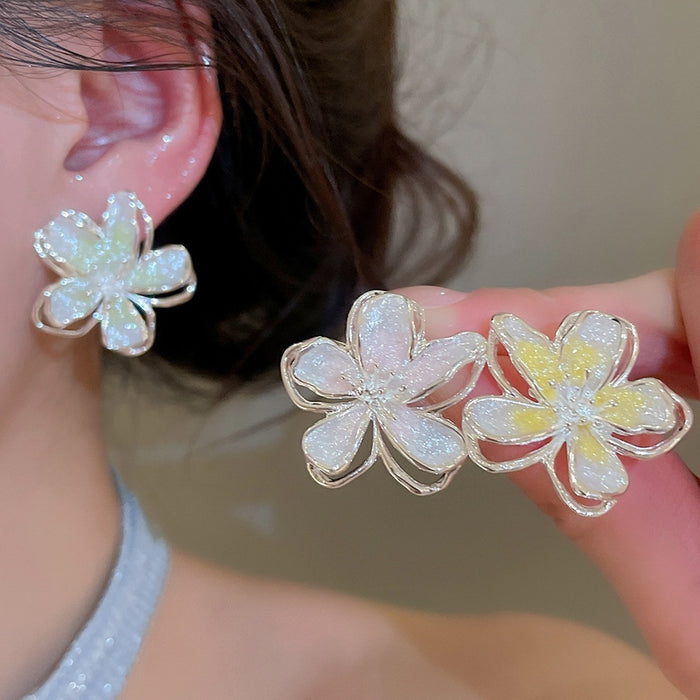 Copper Enamel Flower Stud Earrings With Silver Posts, Sweet Minimalist Elegant Fashion Jewelry