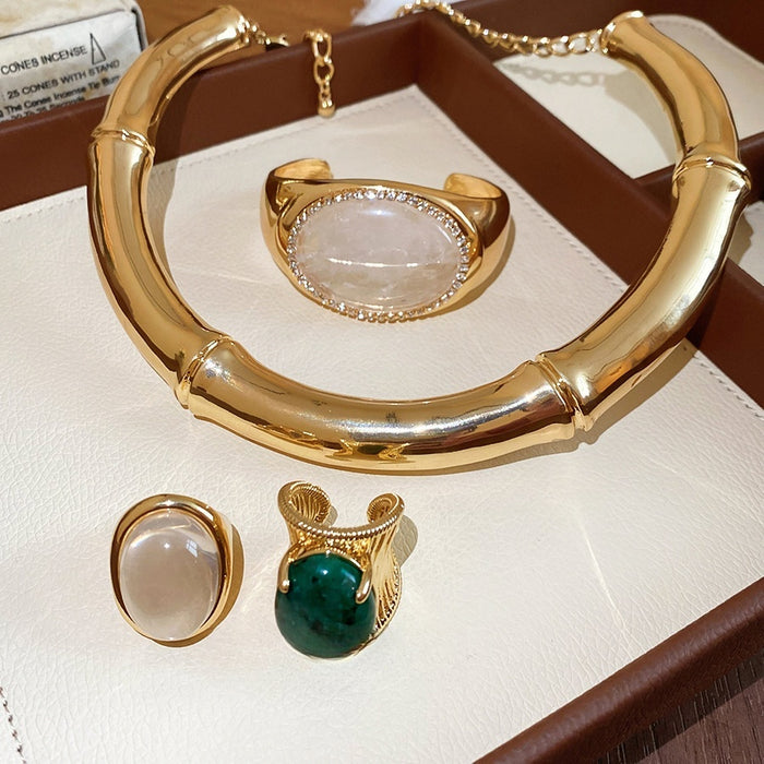 Vintage Alloy Rhinestone Oval Stone Bracelet Ring Choker Jewelry Set, Modern Minimalist Light Luxury