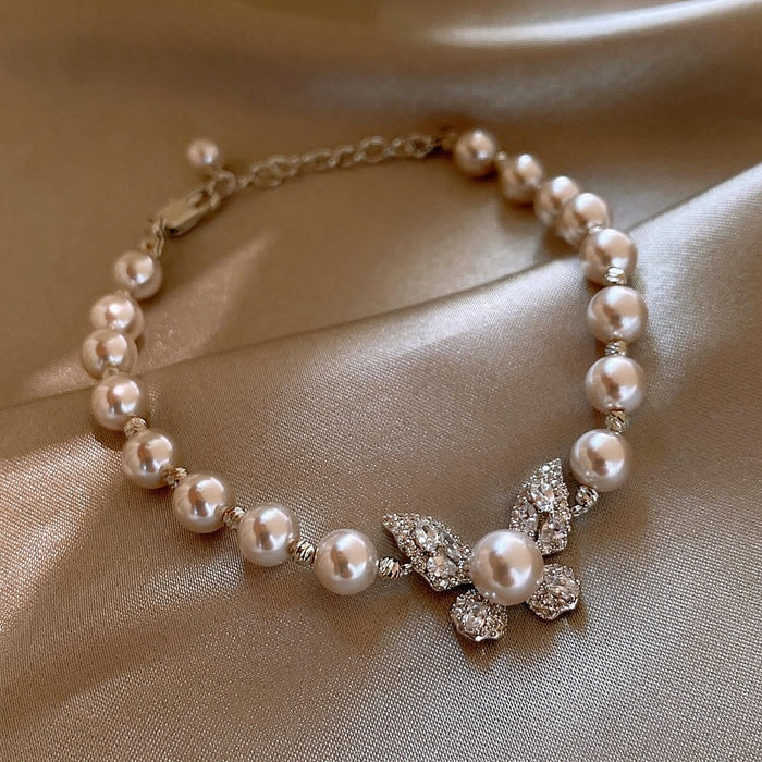 Light Luxury Faux Pearl Beaded Bangle With Rose Zircon Butterfly Charm For Women