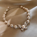 Light Luxury Faux Pearl Beaded Bangle With Rose Zircon Butterfly Charm For Women view 3
