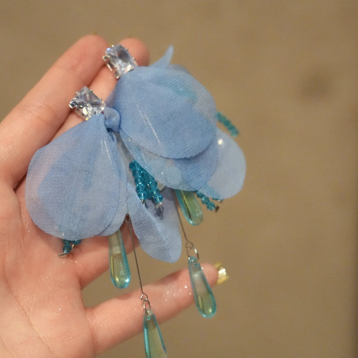 Artificial Crystal Zircon Chiffon Flower Water Drop Stud Earrings Beach Vacation Light Luxury
