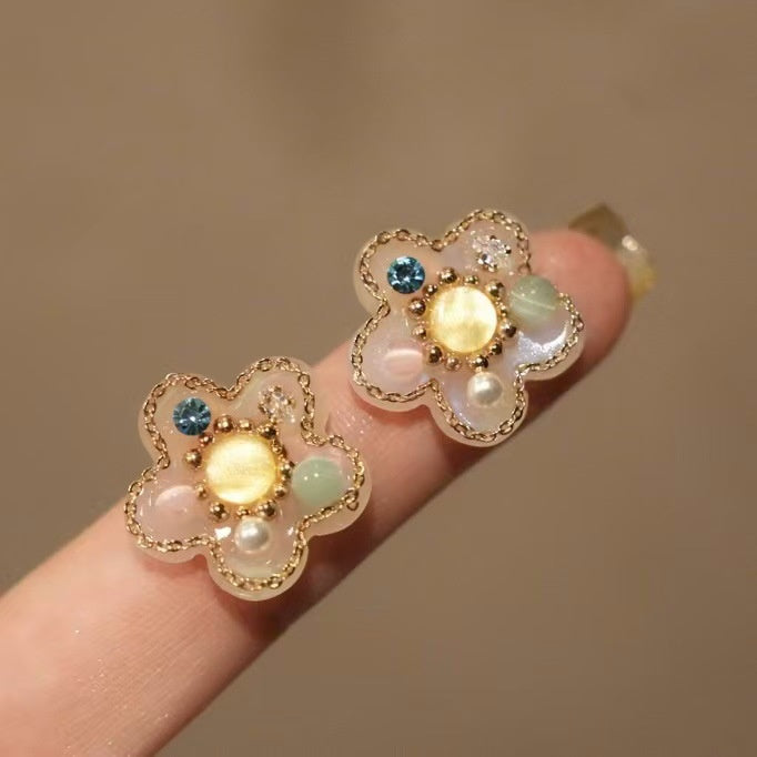Korean Sweet Yellow Flower Stud Earrings With Faux Pearl Floral Design For Women