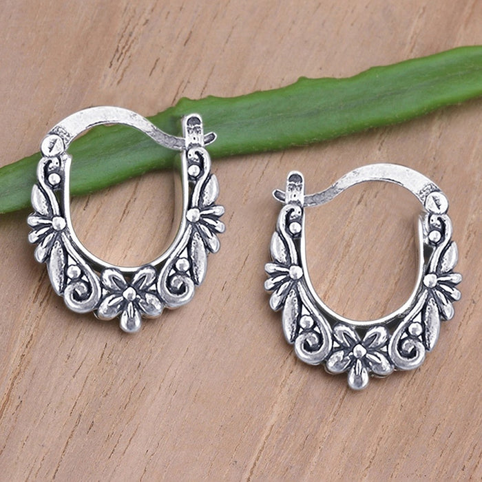 Antique Silver U Shaped Flower Texture Metal Ear Cuffs For Women, Vintage Distressed Ear Jewelry Earrings