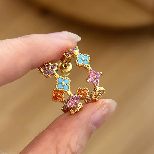 Copper Zircon Flower Hoop Earrings With Silver Pins, Vintage Light Luxury Commuter Style