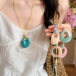 Summer Island Old Money Acrylic Round Pendant Leather Cord Sweater Necklace For Women