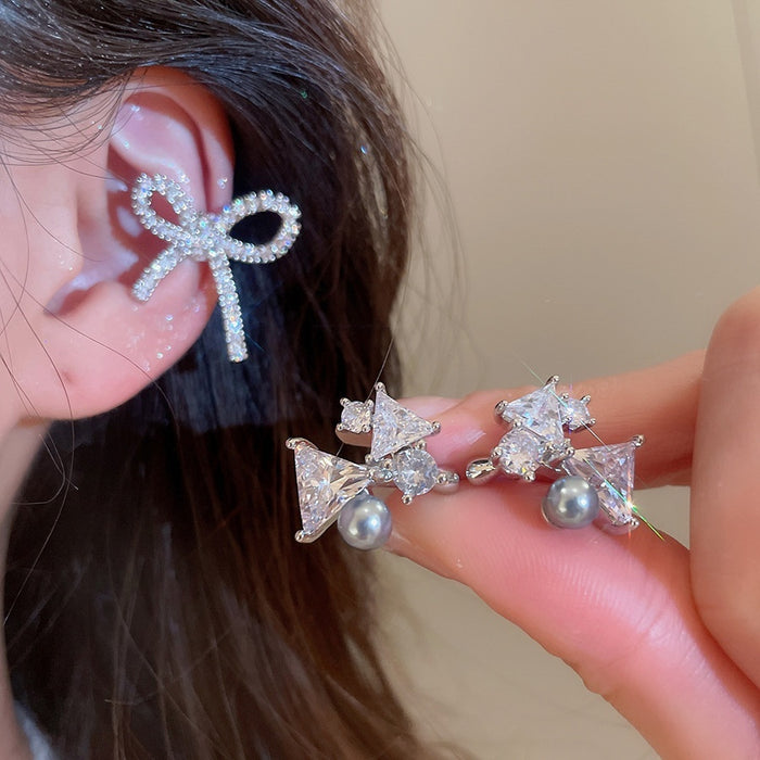 Light Luxury Copper Bow Pearl Zircon Clip-on Earrings For Women Non Pierced Ear Cuffs
