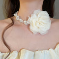 Old Money Style Stainless Steel Chiffon Flower Faux Pearl Clavicle Necklace For Women view 3