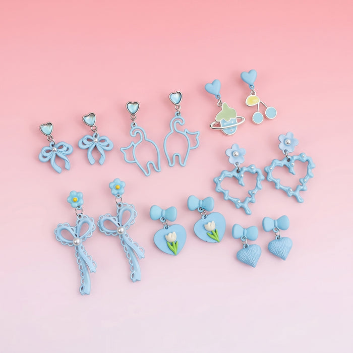 Elegant Sweet Blue Enamel Alloy Bowknot Heart Flower Cat Pearl Stud Dangle Drop Earrings