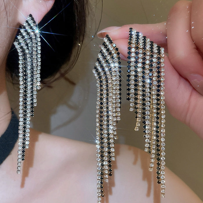 Copper Rhinestone Rhombus Tassel Drop Earrings, Dark European Luxury Style
