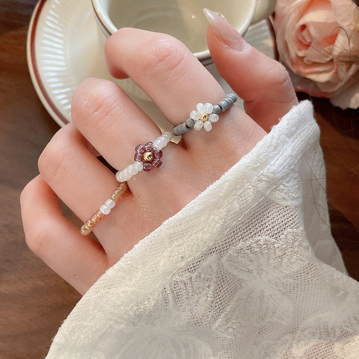 Fresh Seed Bead Flower Elastic Ring For Women