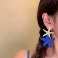 Raffia Starfish Stud Earrings Blue Woven Beach Vacation Style Silver Needle Jewelry view 3