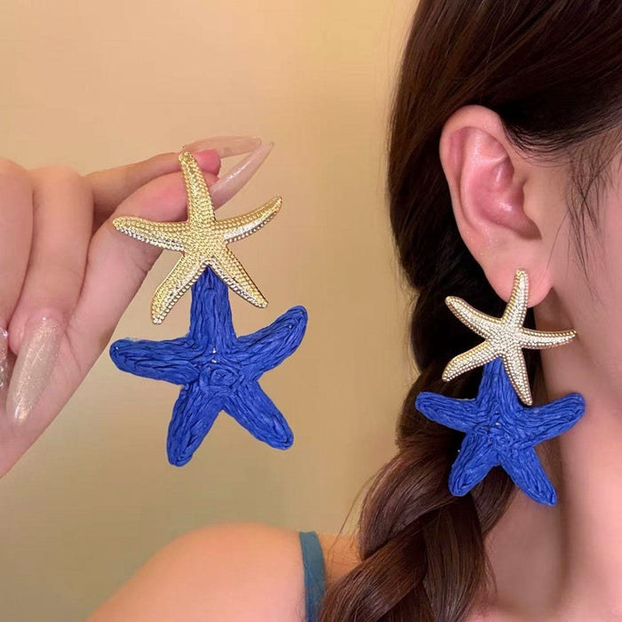 Raffia Starfish Stud Earrings Blue Woven Beach Vacation Style Silver Needle Jewelry