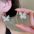 Copper Zircon Hollow Flower Butterfly Hoop Earrings, Elegant Minimalist OL Style Dangle Jewelry view 3