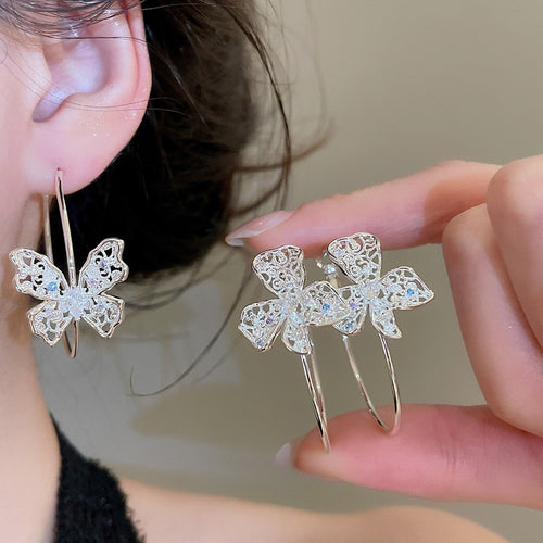 Copper Zircon Hollow Flower Butterfly Hoop Earrings, Elegant Minimalist OL Style Dangle Jewelry