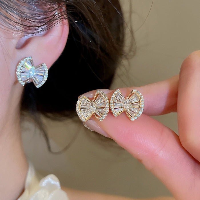 18K Gold Plated Copper Zircon Fan Triangle Stud Earrings With Silver Posts For Women