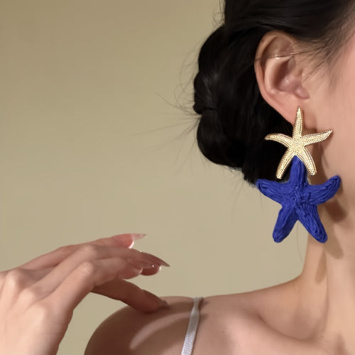 Blue Woven Starfish Drop Earrings Alloy Silver Needle Beach Vacation Statement Jewelry