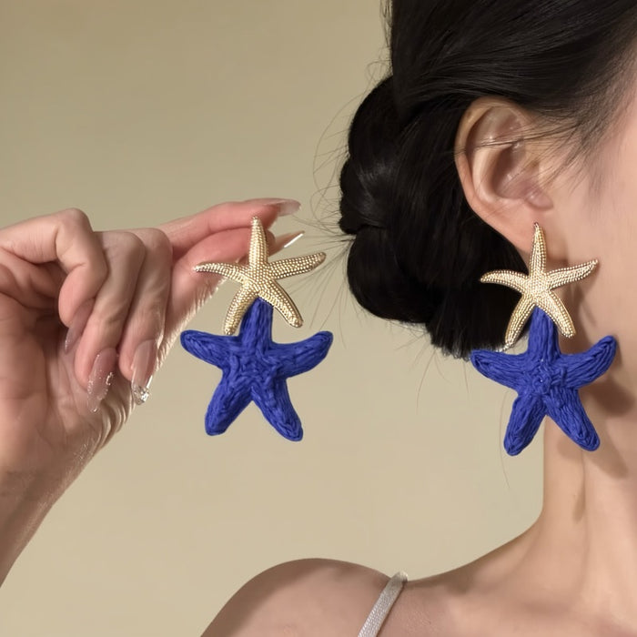 Blue Woven Starfish Drop Earrings Alloy Silver Needle Beach Vacation Statement Jewelry