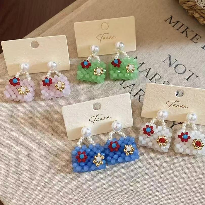Dopamine Beaded Faux Pearl Flower Stud Earrings Sweet Elegant Light Luxury Niche Jewelry