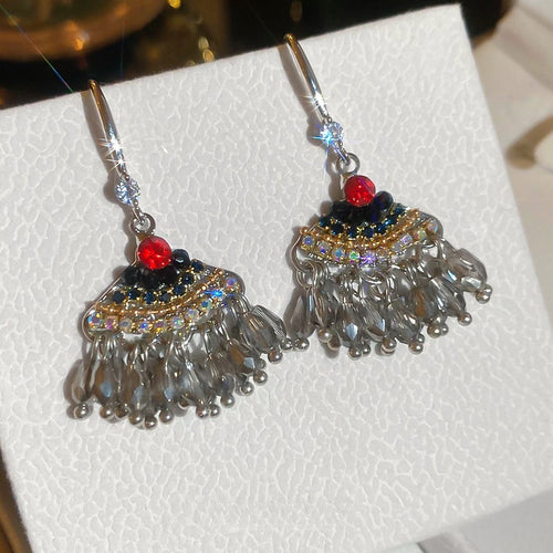Vintage Ethnic Copper Zircon Geometric Rice Bead Tassel Drop Earrings Light Luxury Niche Style Ear Jewelry