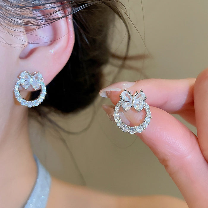 Copper Zircon Butterfly Round Stud Earrings, Delicate Petite Light Luxury Insect Design