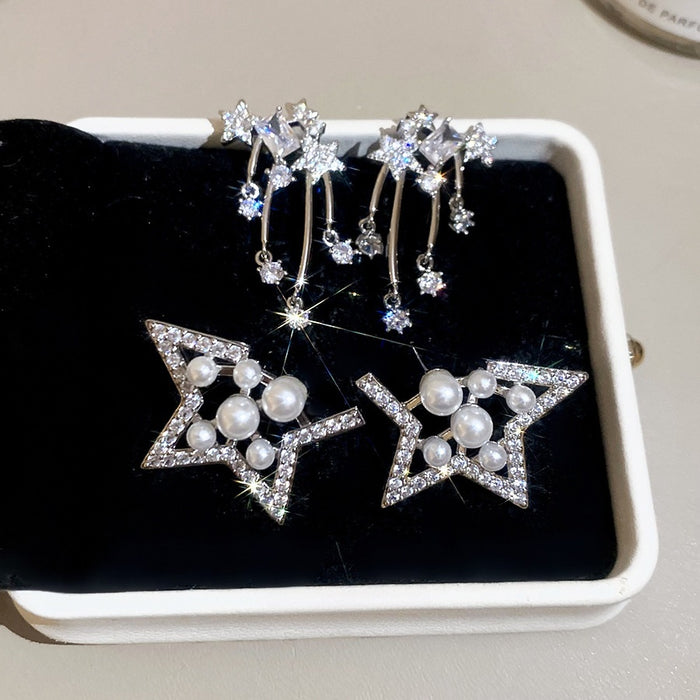 Light Luxury Star Zircon Faux Pearl Stud Earrings With Silver Needle For Women