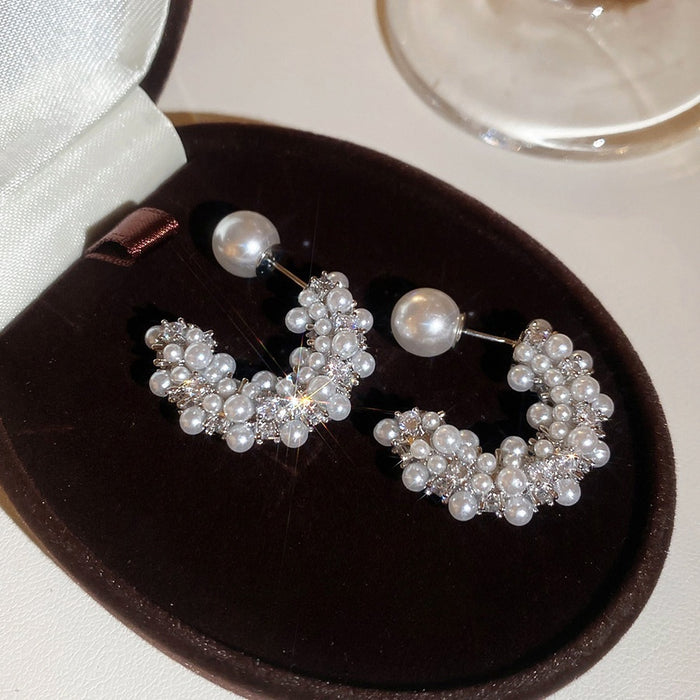 Vintage C Shape Faux Pearl Zircon Stud Earrings With Silver Posts Light Luxury Geometric Jewelry