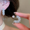 Vintage C Shape Faux Pearl Zircon Stud Earrings With Silver Posts Light Luxury Geometric Jewelry view 2