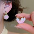 Pink Rhinestone Heart Peach Copper Stud Earrings Sweet Niche Light Luxury Style view 2