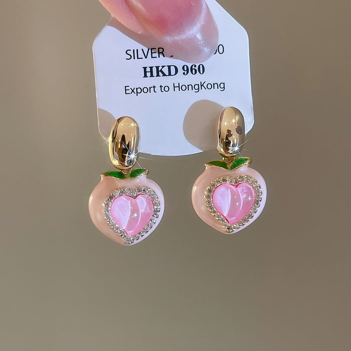 Pink Rhinestone Heart Peach Copper Stud Earrings Sweet Niche Light Luxury Style