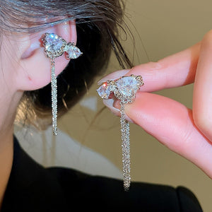 Copper Zircon Irregular Heart Tassel Clip-on Earrings Minimalist Fashion OL Ear Cuffs for Women