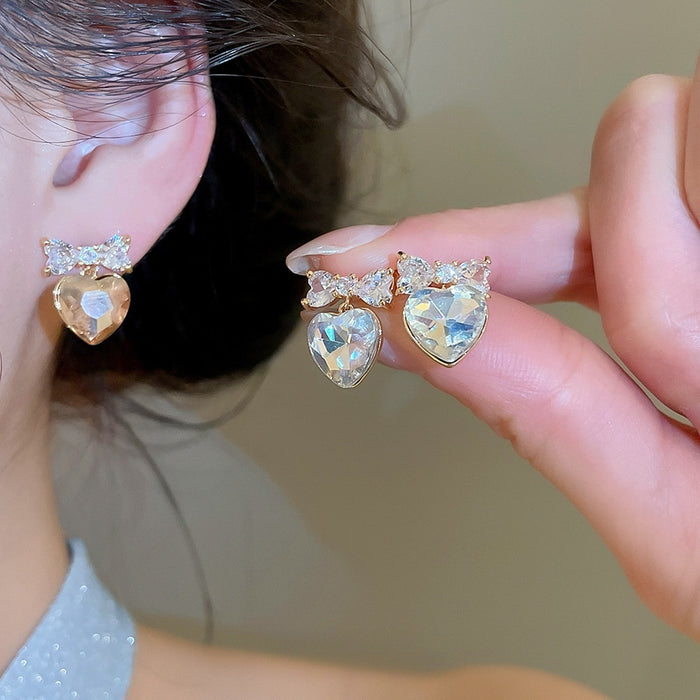 18K Gold Plated Copper Zircon Bow Heart Stud Earrings With Silver Pins Light Luxury Style