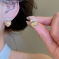 18K Gold Plated Copper Zircon Bow Heart Stud Earrings With Silver Pins Light Luxury Style view 3