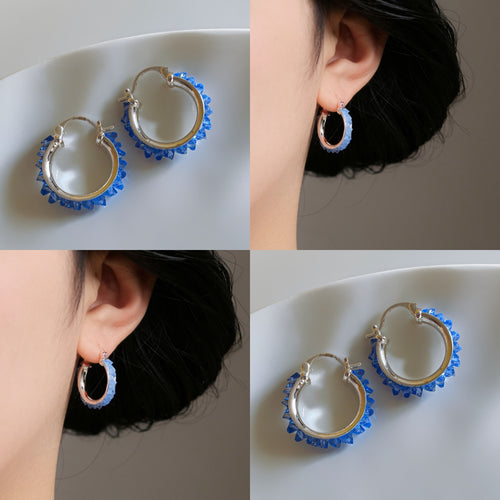 Azure Sea Breeze Artificial Crystal Geometric Circle Hoop Earrings, Playful Long Dangle Style