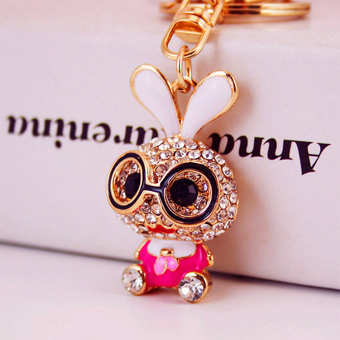 Cute Rhinestone Bunny Rabbit with Glasses Keychain for Bag or Car Keys