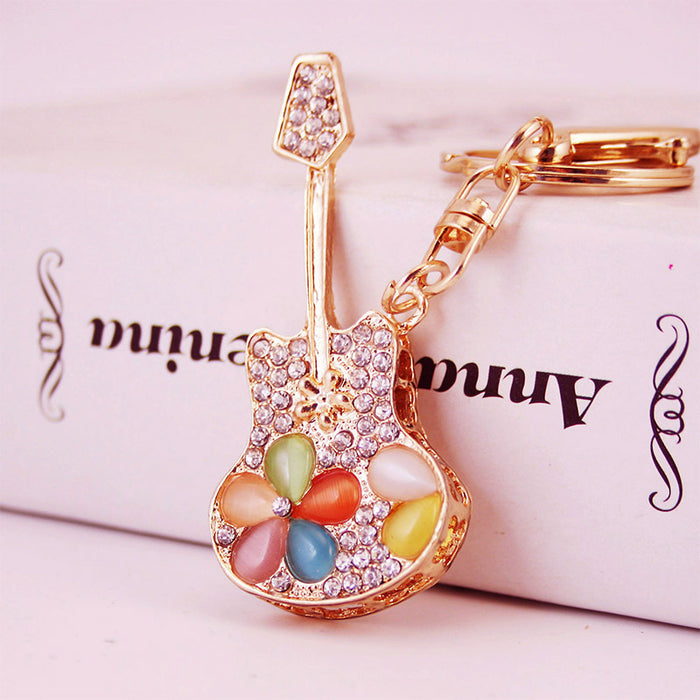 Cat Eye Stone Guitar Keychain, Musical Instrument Bag Charm for Car Keys