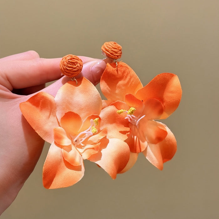 Fabric Orange Flower Stud Earrings With Silver Pins, Beach Vacation Statement Floral Style