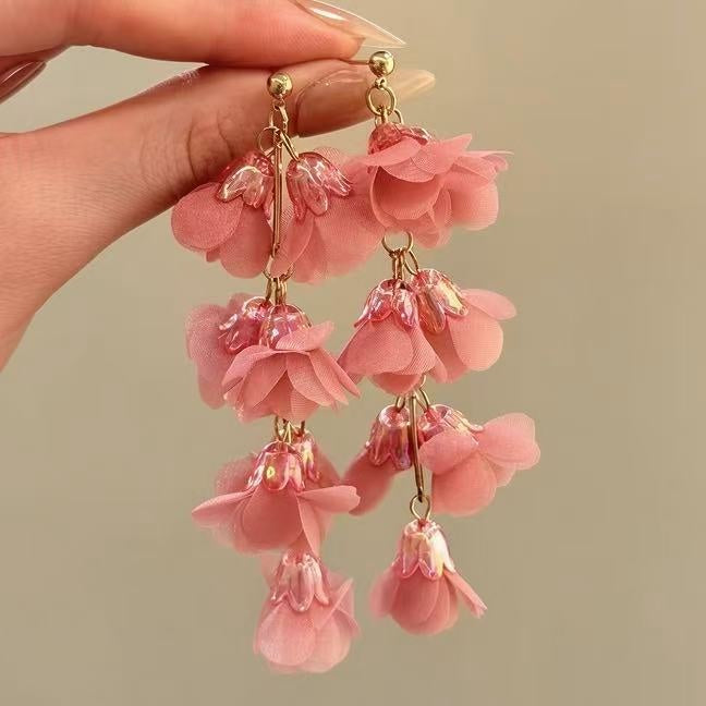 Pink Lily Of The Valley Flower Tassel Iron Drop Earrings For Beach Vacation Style