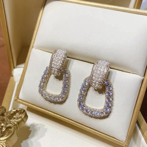 14K Gold Plated Copper Geometric Trapezoid Zircon Pearl Stud Earrings For Women