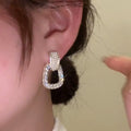 14K Gold Plated Copper Geometric Trapezoid Zircon Pearl Stud Earrings For Women view 3