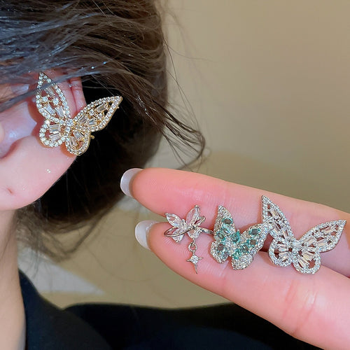 Korean Style Copper Zircon Butterfly Clip-on Earrings Elegant No Piercing Ear Cuff Jewelry