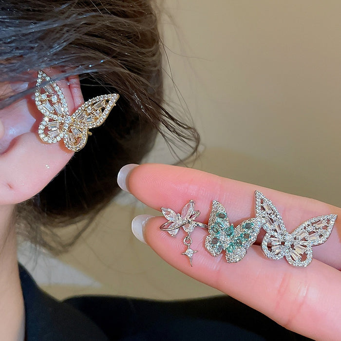 Korean Style Copper Zircon Butterfly Clip-on Earrings Elegant No Piercing Ear Cuff Jewelry
