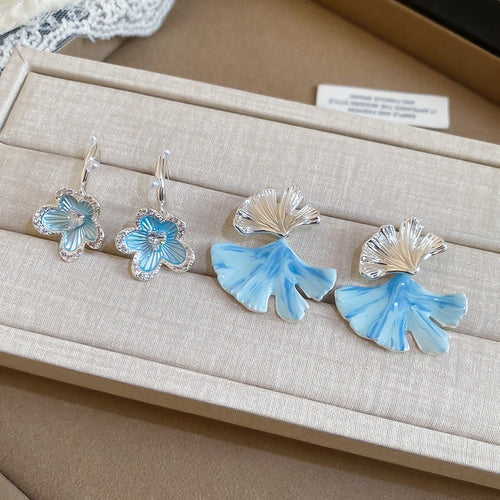 Sweet Blue Camellia Flower Faux Pearl Drop Earrings For Women Elegant Fresh Floral Jewelry