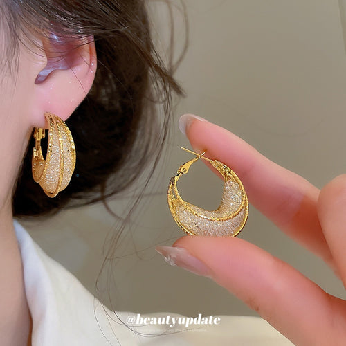 French Light Luxury Geometric Round Metal Mesh Openwork Artificial Crystal Stud Earrings
