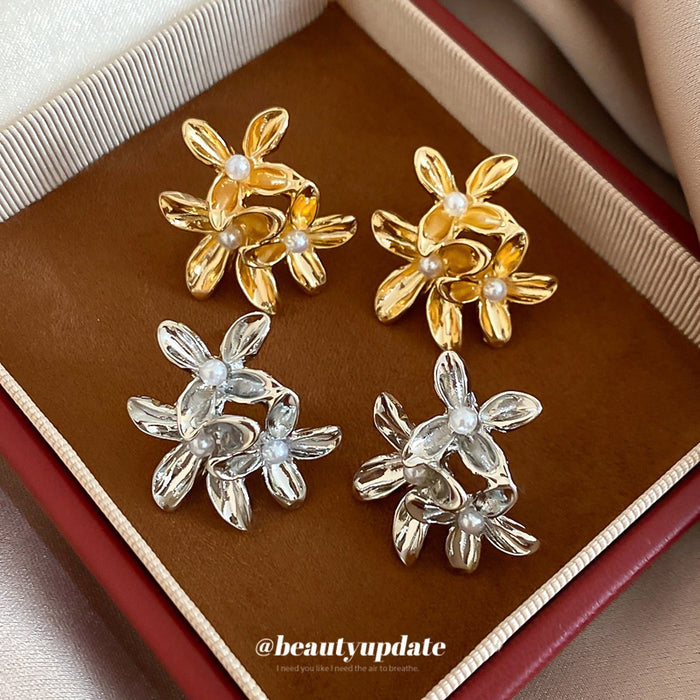 Elegant Metal Flower Faux Pearl Stud Earrings For Women, Silver Needle Trendy Floral Jewelry